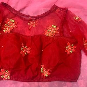 Red Sheer Floral Embroidered Blouse
